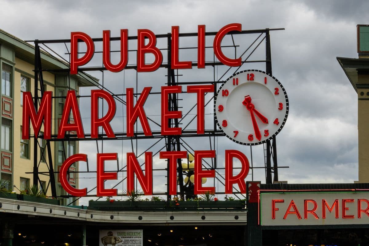 Close-up of the famous Public Market Center sign at Pike Place Market in Seattle, WA.